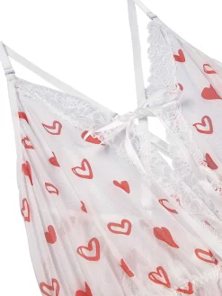 Best Retro Stage 1970s Lace Trim Heart Print One-Piece Sleepwear White