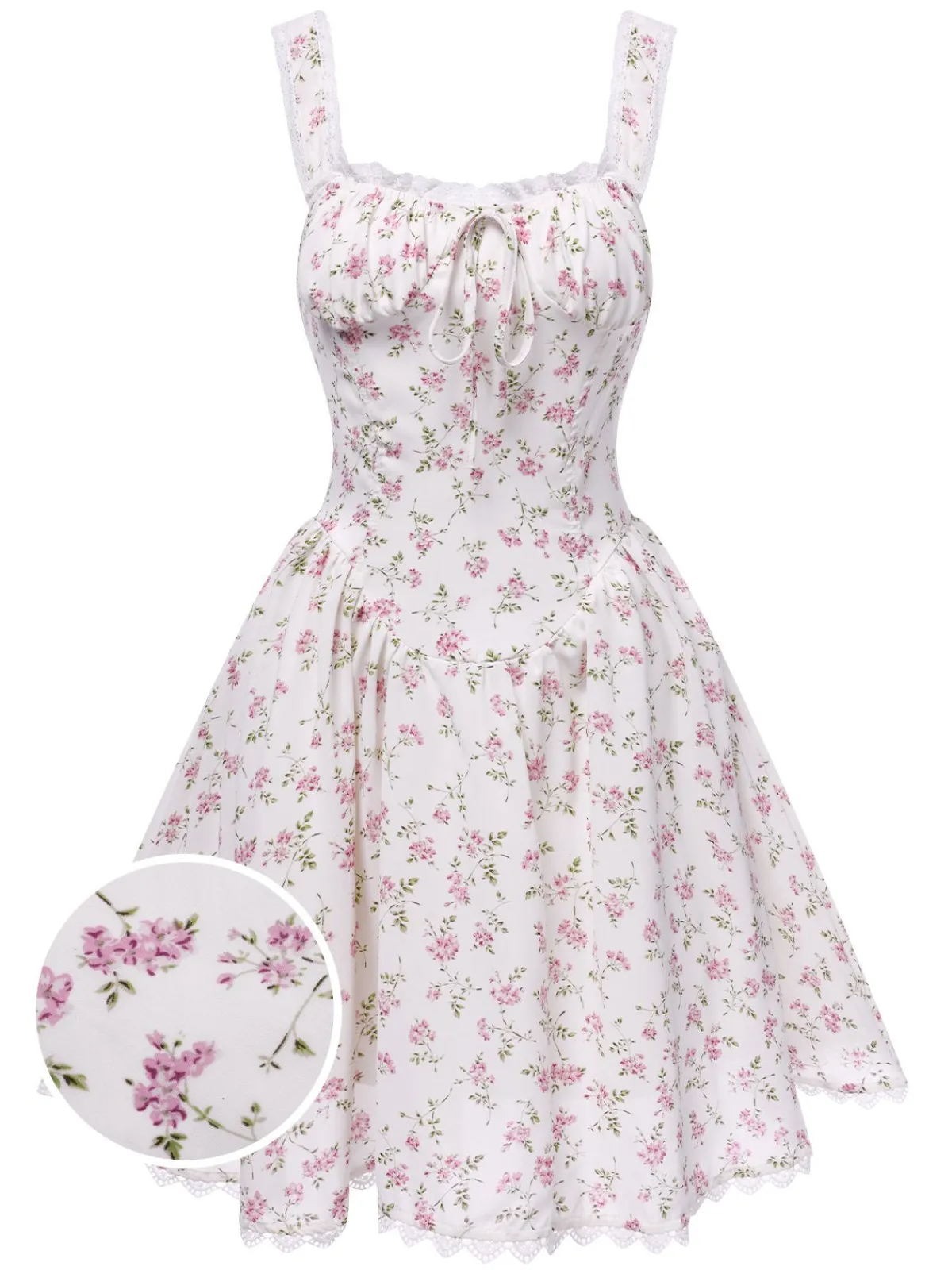 New Retro Stage 1940s Lace Trim Small Floral Dress White