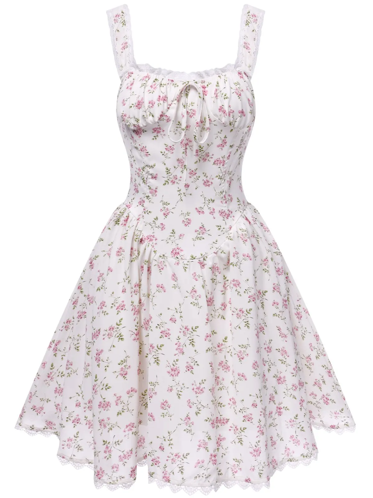 New Retro Stage 1940s Lace Trim Small Floral Dress White