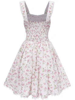 New Retro Stage 1940s Lace Trim Small Floral Dress White
