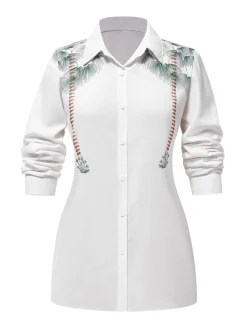 Sale Retro Stage 1940s Lapel Palm Trees Blouse White