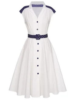 Best Retro Stage 1940s Lapel Polka Dots Patchwork Dress White