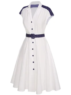 Best Retro Stage 1940s Lapel Polka Dots Patchwork Dress White