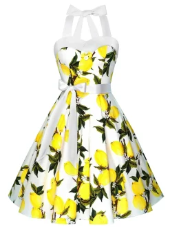 Sale Retro Stage 1950s Lemon Halter Swing Dress White