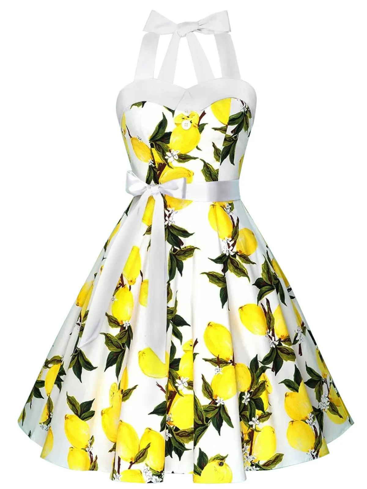Sale Retro Stage 1950s Lemon Halter Swing Dress White