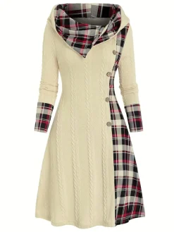 Clearance Retro Stage 1950s Plaid Knit Hooded Dress White