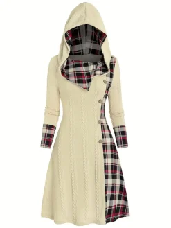 Clearance Retro Stage 1950s Plaid Knit Hooded Dress White