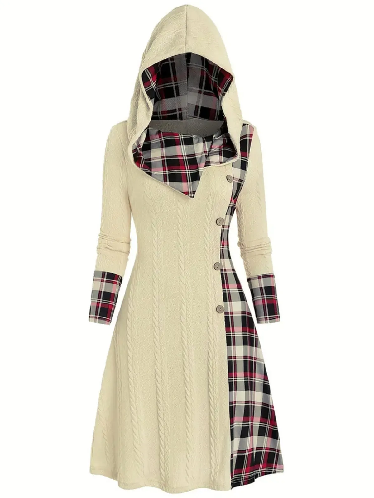 Clearance Retro Stage 1950s Plaid Knit Hooded Dress White