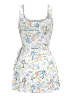 Discount Retro Stage 1940s Plant Print Square Neck Swimdress White