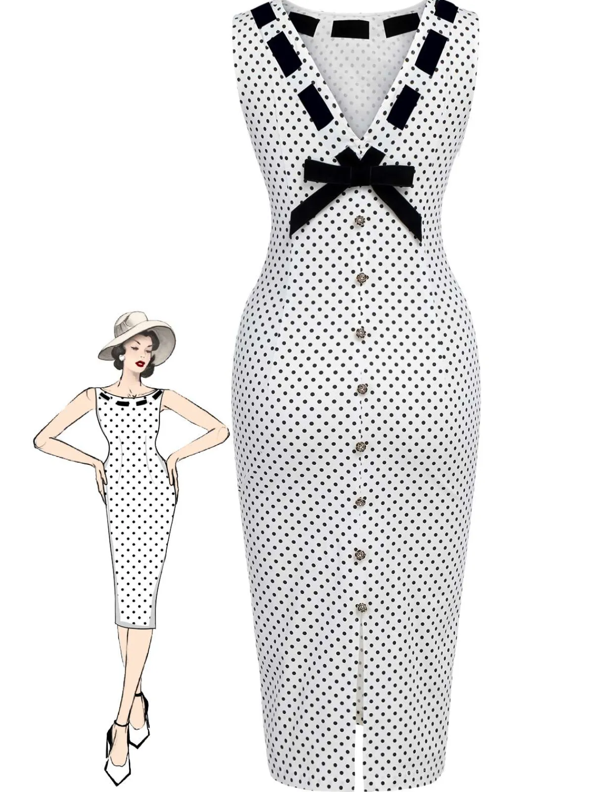 Hot Retro Stage 1960s Polka Dot Button Pencil Dress White