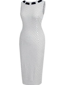 Hot Retro Stage 1960s Polka Dot Button Pencil Dress White