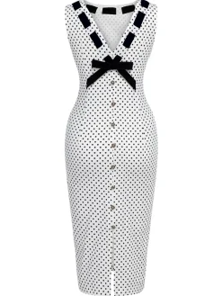 Hot Retro Stage 1960s Polka Dot Button Pencil Dress White