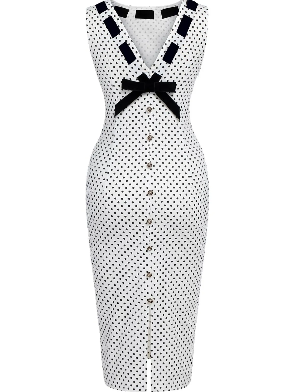 Hot Retro Stage 1960s Polka Dot Button Pencil Dress White