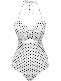 Sale Retro Stage 1940s Polka Dot Lace Up Halter Swimsuit White
