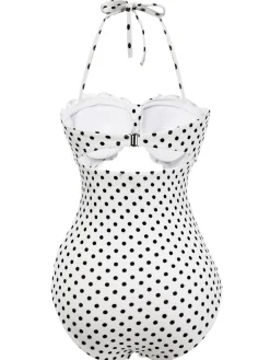 Sale Retro Stage 1940s Polka Dot Lace Up Halter Swimsuit White