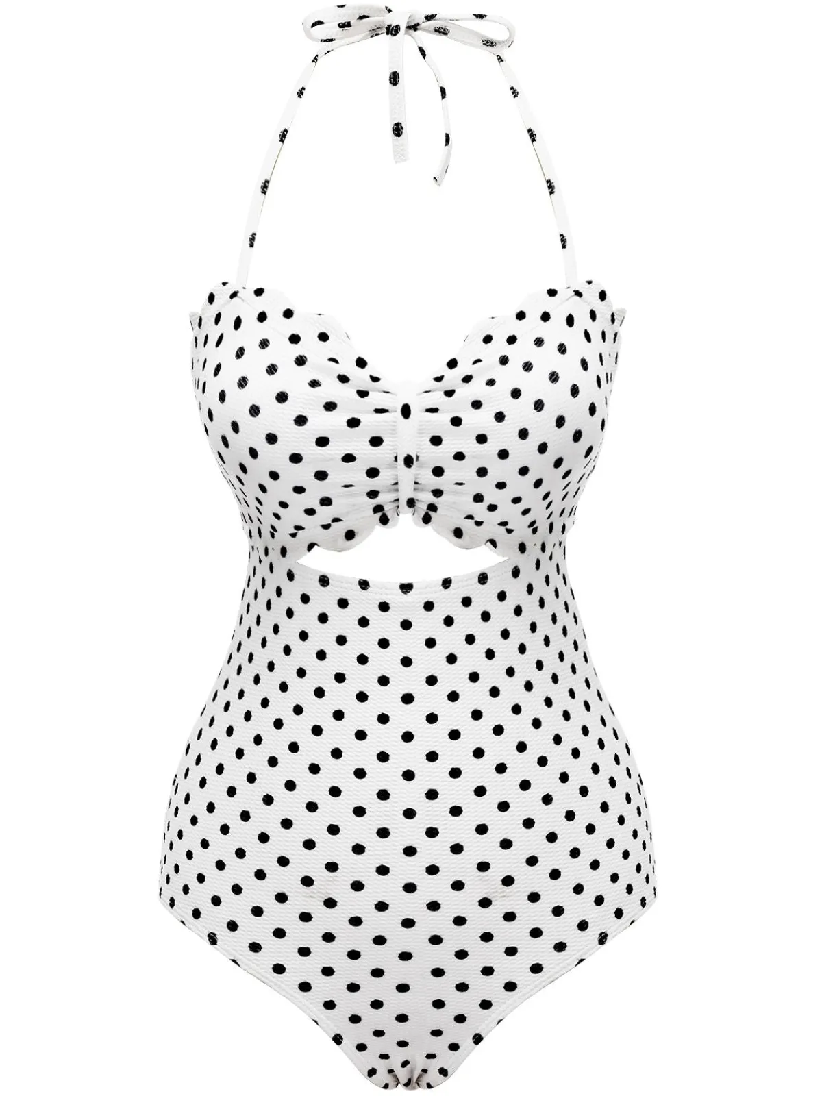 Fashion Retro Stage 1940s Polka Dot Lace Up Halter Swimsuit White