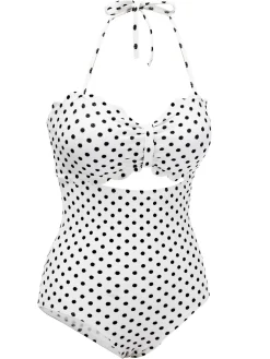Fashion Retro Stage 1940s Polka Dot Lace Up Halter Swimsuit White