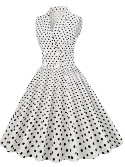 Discount Retro Stage 1950s Polka Dot Lapel Swing Dress White