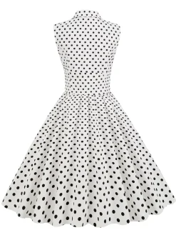 Discount Retro Stage 1950s Polka Dot Lapel Swing Dress White