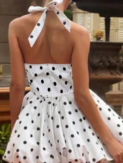 Best Retro Stage 1960s Polka Dots Halter Tutu Dress White
