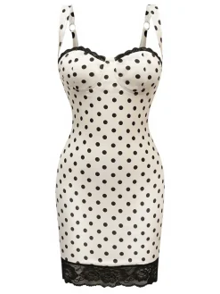 Fashion Retro Stage 1960s Polka Dots Lace Patchwork Bodycon Dress White