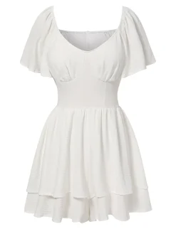 Discount Retro Stage 1950s Puff Sleeve Layered Hem Romper White