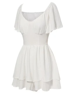 Discount Retro Stage 1950s Puff Sleeve Layered Hem Romper White