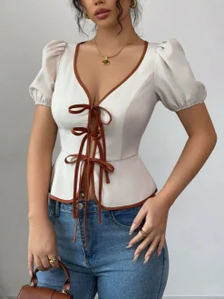 New Retro Stage 1950s Puff Sleeves Waist Top White