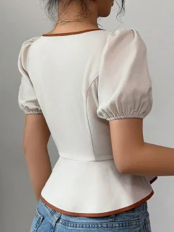 New Retro Stage 1950s Puff Sleeves Waist Top White