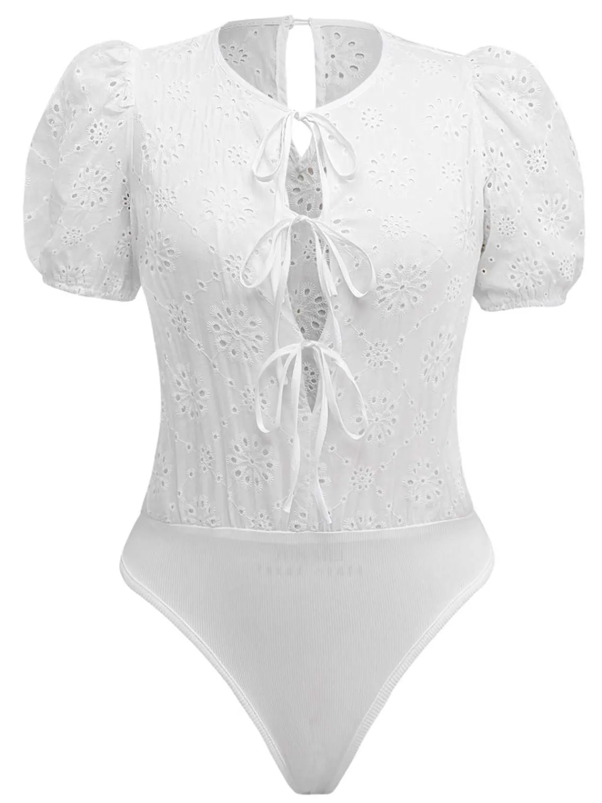 Online Retro Stage 1950s Pure Cotton Eyelet Puff Sleeve Top White