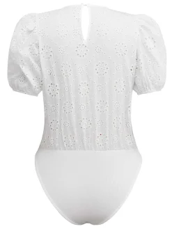 Online Retro Stage 1950s Pure Cotton Eyelet Puff Sleeve Top White