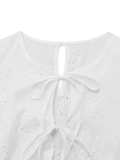 Online Retro Stage 1950s Pure Cotton Eyelet Puff Sleeve Top White