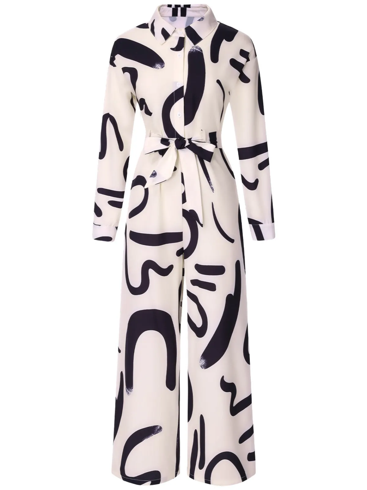 Outlet Retro Stage 1930s Random Brush Ink Lapel Jumpsuit White