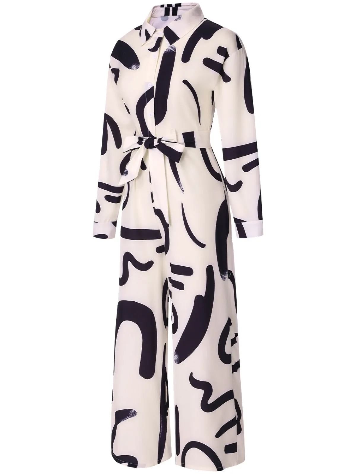 Outlet Retro Stage 1930s Random Brush Ink Lapel Jumpsuit White