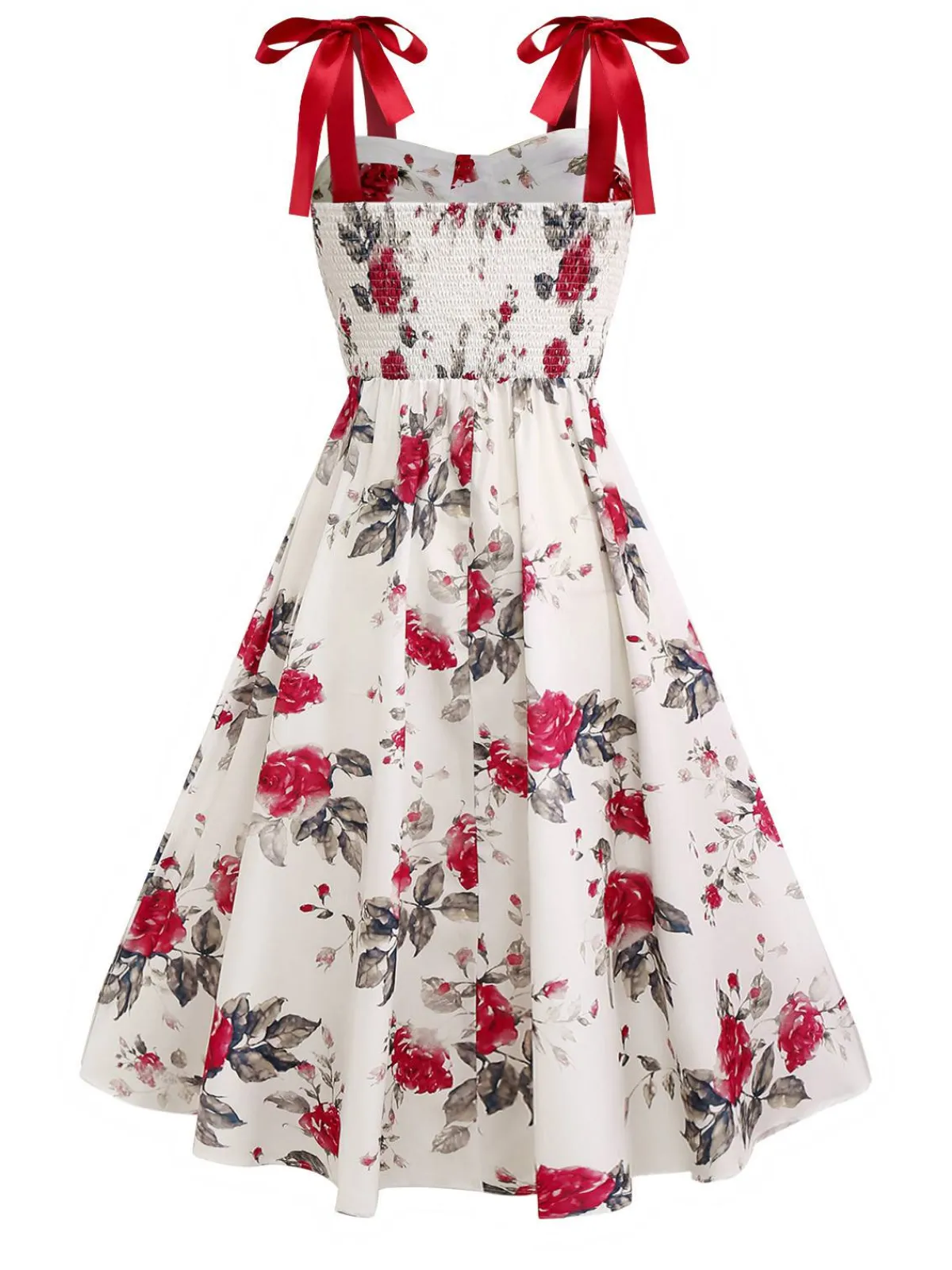 Sale Retro Stage 1950s Rose Print Lace-Up A-Line Dress White