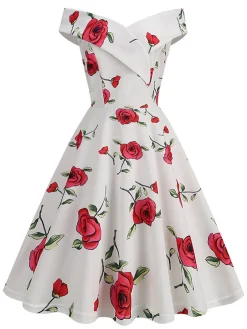 Fashion Retro Stage 1950s Roses Off-Shoulder Dress White