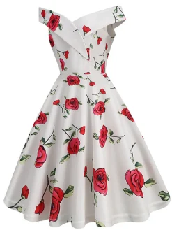 Fashion Retro Stage 1950s Roses Off-Shoulder Dress White