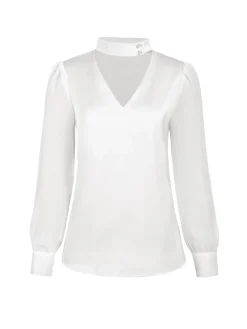 Discount Retro Stage White 1940s Round Neck Satin Puff Sleeve Blouse