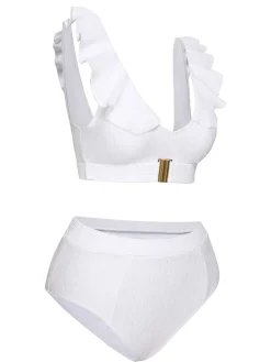 Clearance Retro Stage 1950s Ruffles Solid Swimsuit White