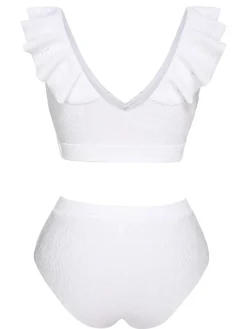 Clearance Retro Stage 1950s Ruffles Solid Swimsuit White