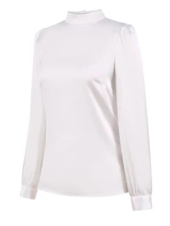 Discount Retro Stage 1970s Satin High Neck Solid Blouse White