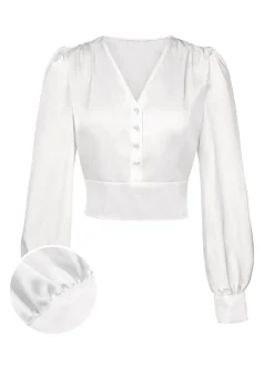 Discount Retro Stage 1940s Satin V-Neck Lantern Sleeves Blouse White