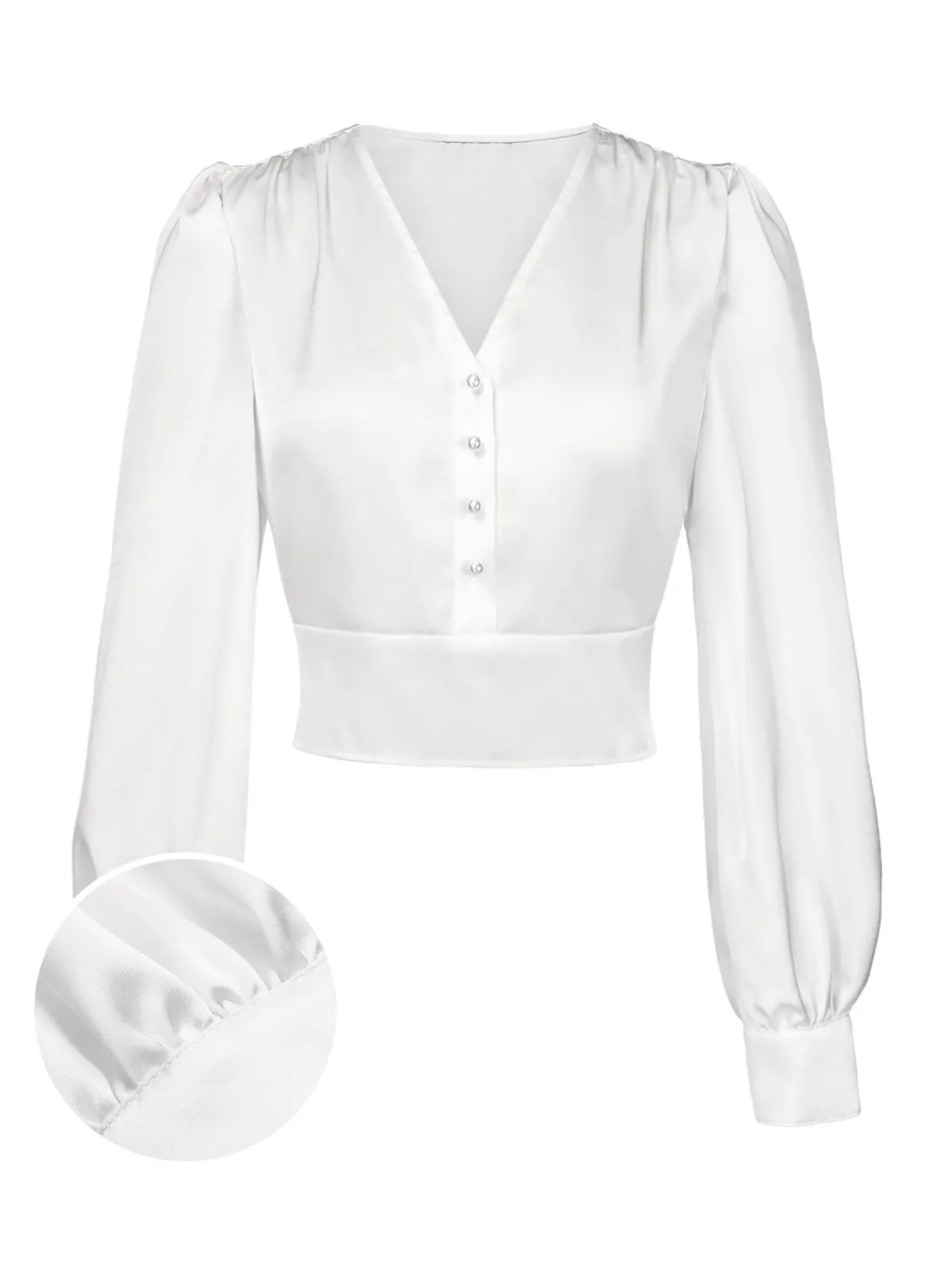 Discount Retro Stage 1940s Satin V-Neck Lantern Sleeves Blouse White