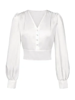 Discount Retro Stage 1940s Satin V-Neck Lantern Sleeves Blouse White