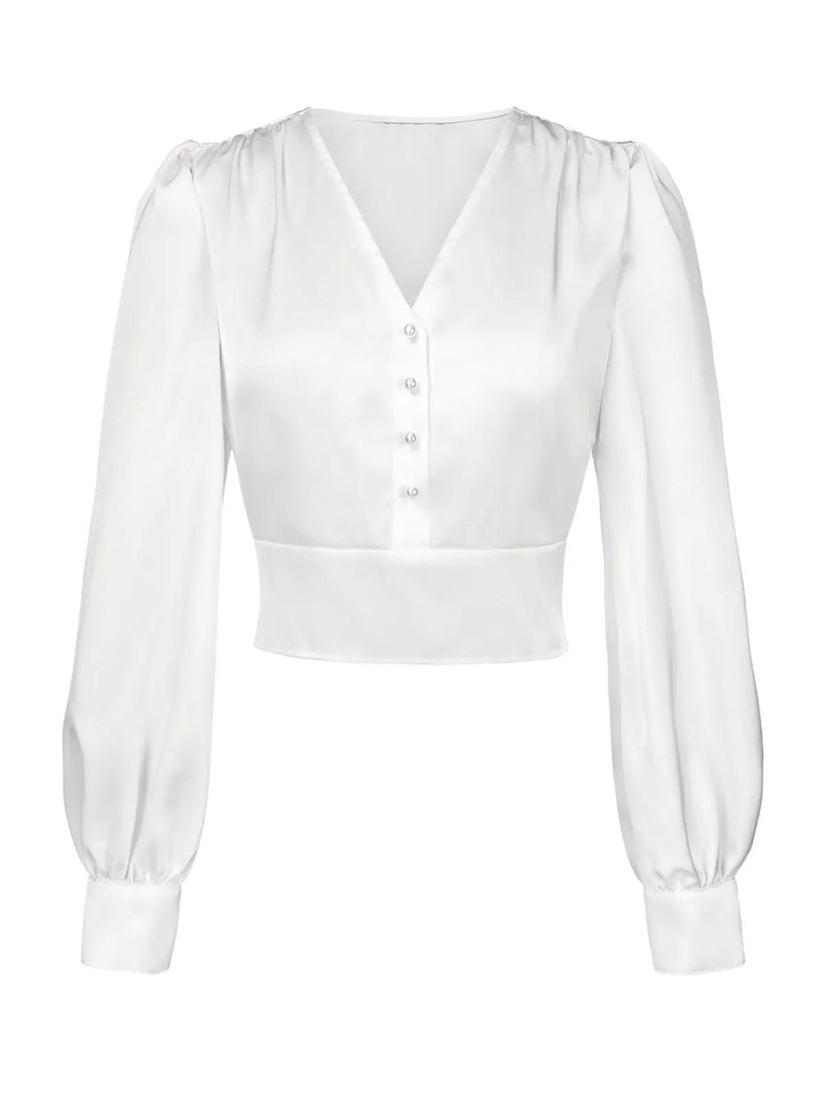 Discount Retro Stage 1940s Satin V-Neck Lantern Sleeves Blouse White