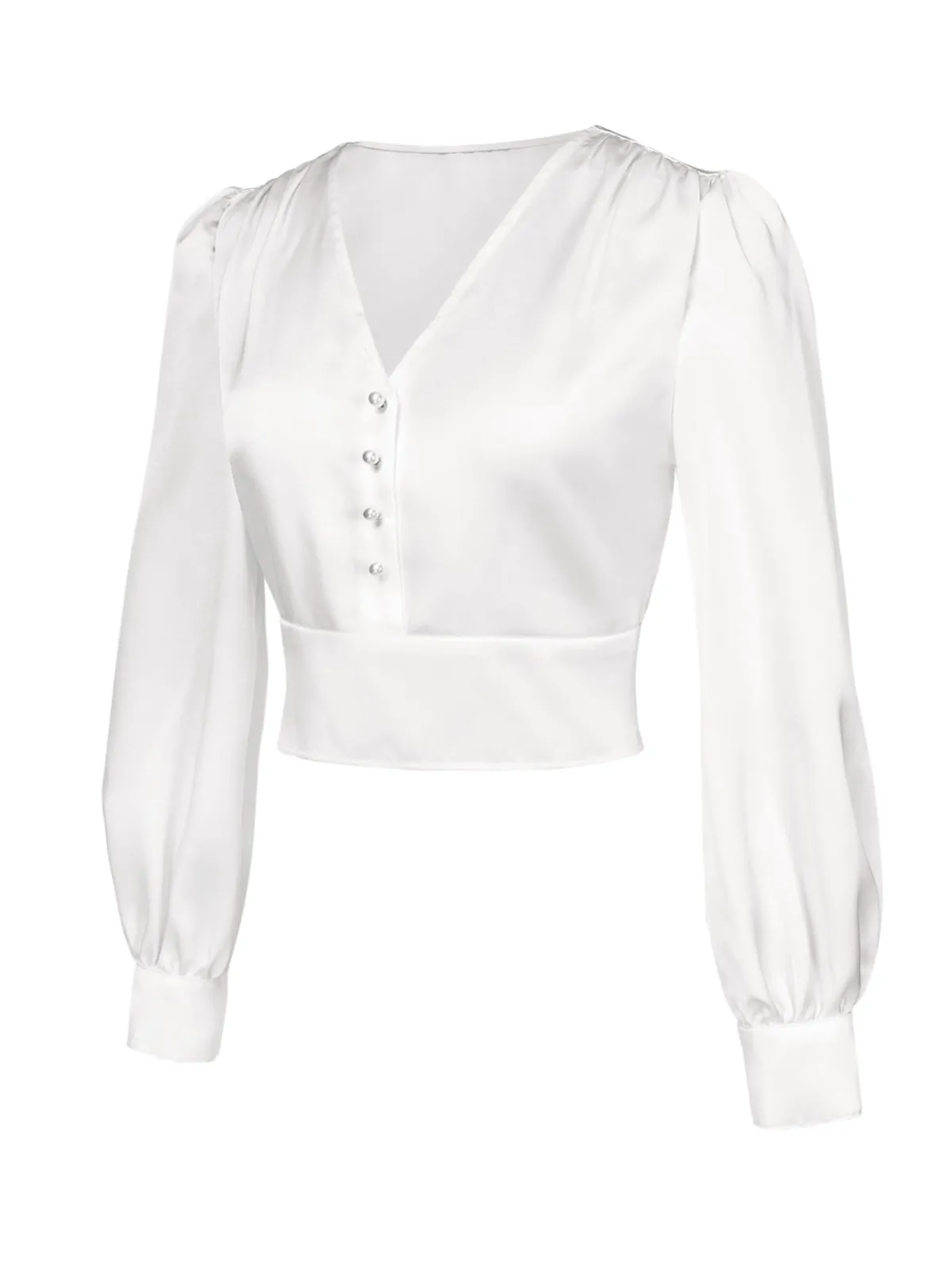 Discount Retro Stage 1940s Satin V-Neck Lantern Sleeves Blouse White