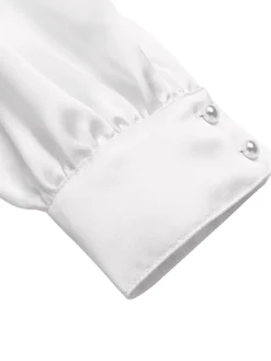 Discount Retro Stage 1940s Satin V-Neck Lantern Sleeves Blouse White
