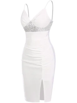 Sale Retro Stage 1960s Sequins Splicing Slit Dress White