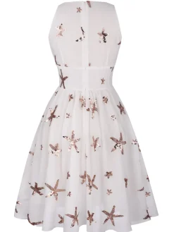 New Retro Stage 1950s Sequins Stars Swing Dress White