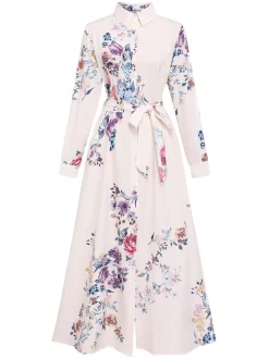 Online Retro Stage 1940s Shirt Collar Floral Belted Dress White